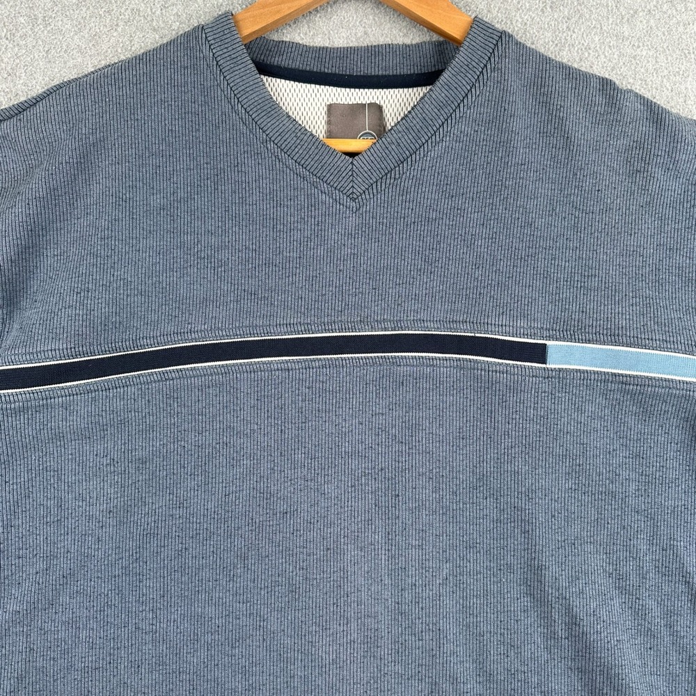Vintage Xtreme Gear Pullover Mens L Blue Ribbed V-Neck Chest Stripe XG